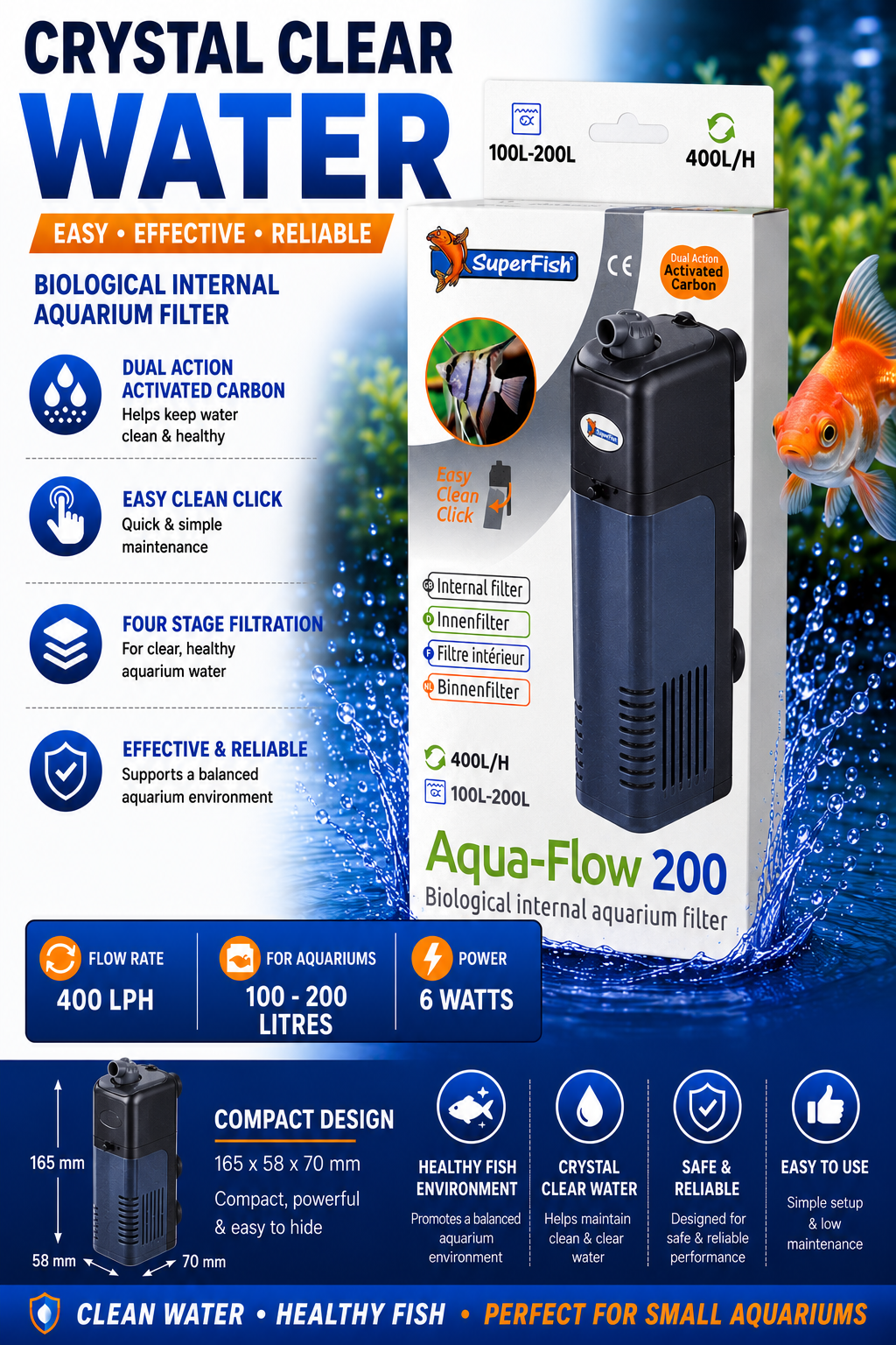 Superfish Aqua-Flow 200 Aquarium Filter, Dual Action 400 Lph
