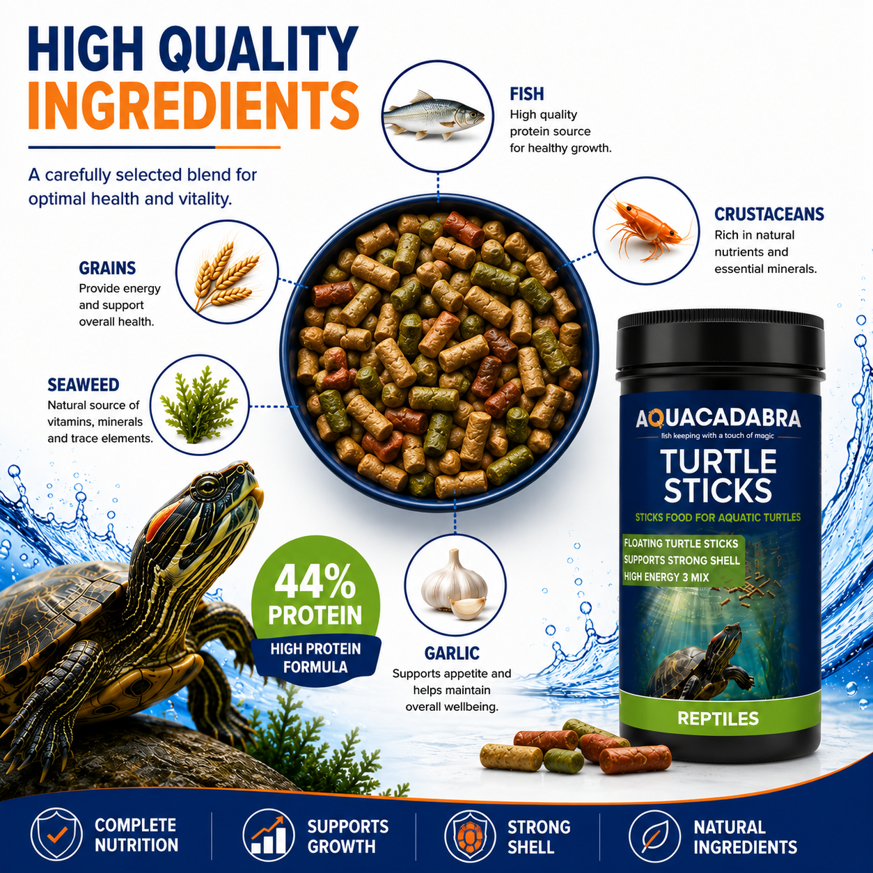 Aquacadabra Reptile Aquatic Turtle Food Floating Sticks Complete Diet 65g 260g