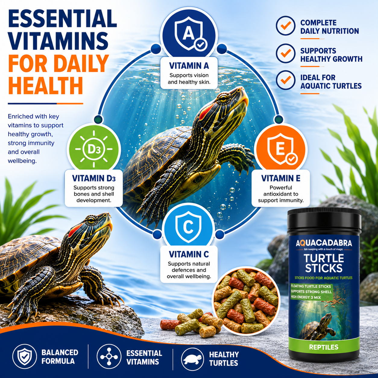 Aquacadabra Reptile Aquatic Turtle Food Floating Sticks Complete Diet 65g 260g
