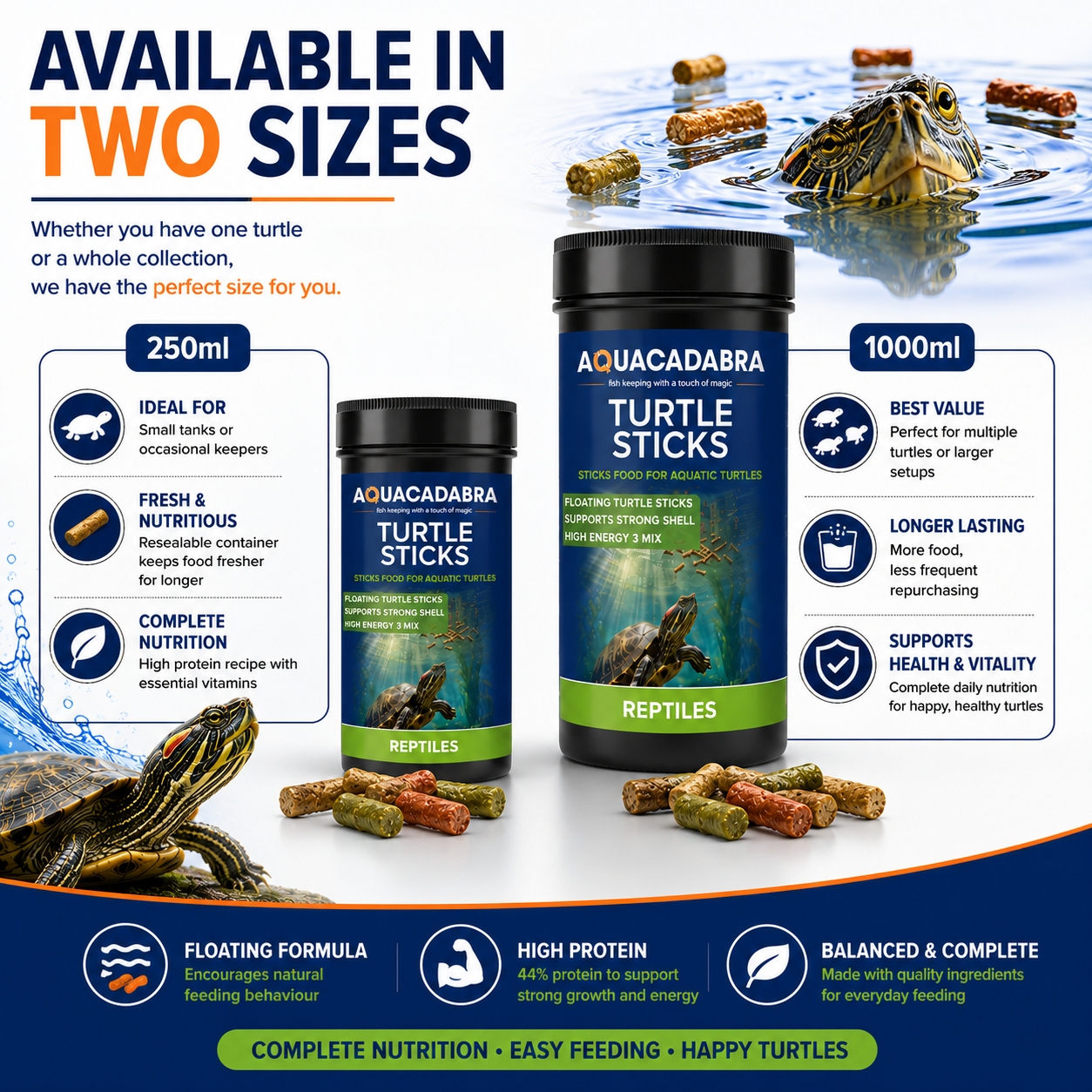 Aquacadabra Reptile Aquatic Turtle Food Floating Sticks Complete Diet 65g 260g