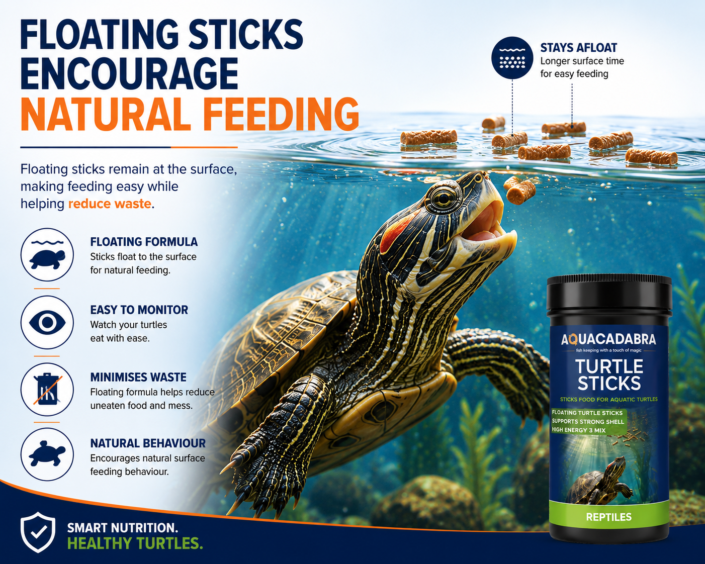 Aquacadabra Reptile Aquatic Turtle Food Floating Sticks Complete Diet 65g 260g