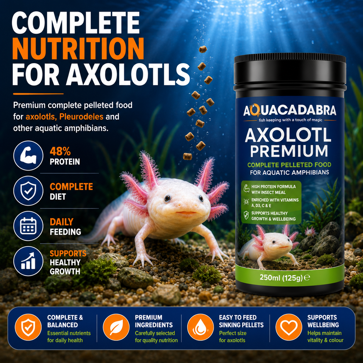 Aquacadabra Axolotl Premium Sinking Pellets Aquatic Amphibian Food 125g