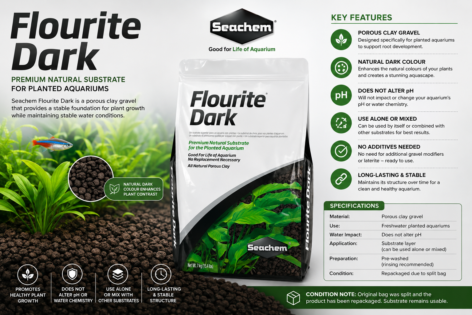 Seachem Flourite Dark Substrate – Planted Aquarium Gravel (Repacked) 7L