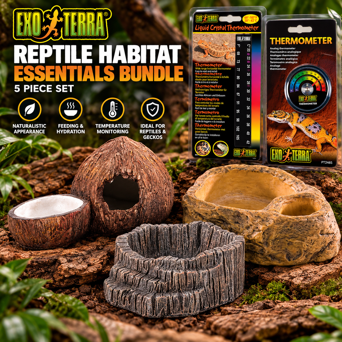 Exo Terra Reptile Habitat Essentials Bundle 5 Piece Gecko Dishes Thermometers