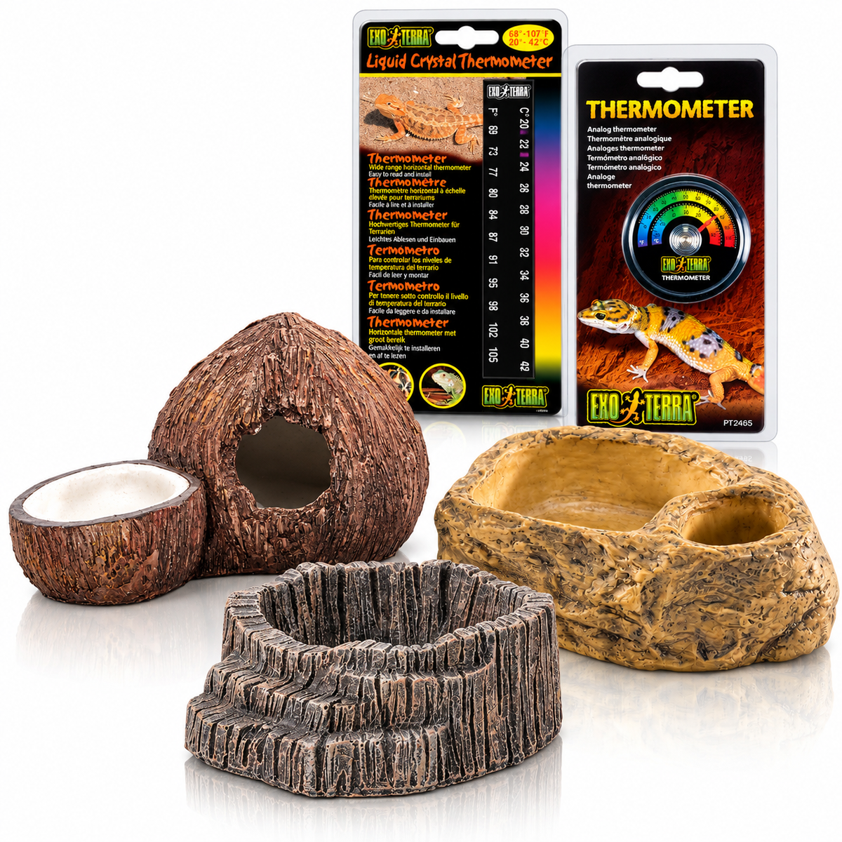 Exo Terra Reptile Habitat Essentials Bundle 5 Piece Gecko Dishes Thermometers