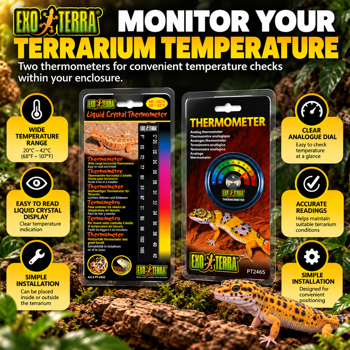 Exo Terra Reptile Habitat Essentials Bundle 5 Piece Gecko Dishes Thermometers