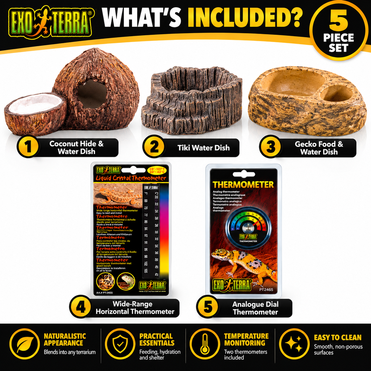 Exo Terra Reptile Habitat Essentials Bundle 5 Piece Gecko Dishes Thermometers