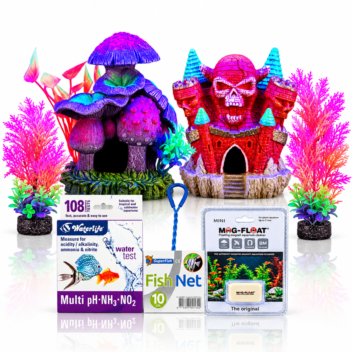 Halloween Aquarium Bundle 7 Piece Fish Tank Decorations Cleaning & Test Kit