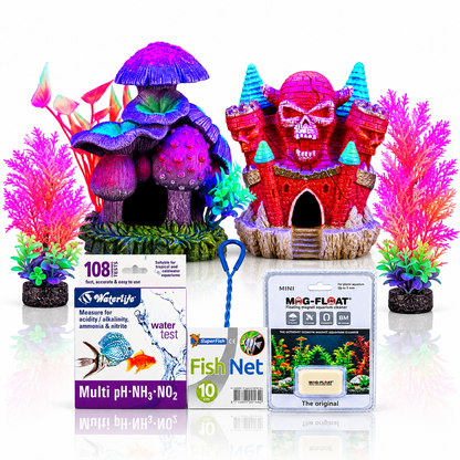 Halloween Aquarium Bundle 7 Piece Fish Tank Decorations Cleaning & Test Kit