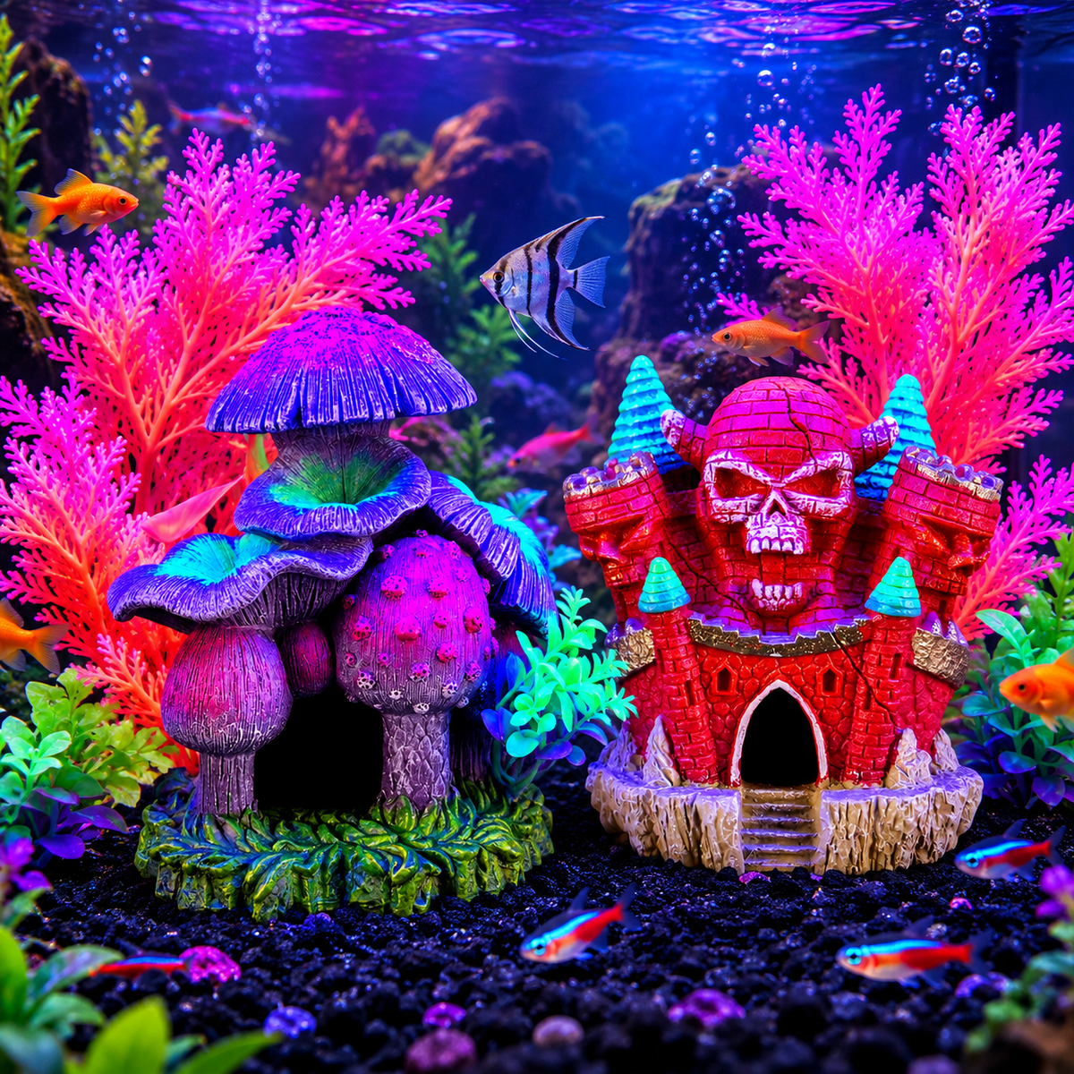 Halloween Aquarium Bundle 7 Piece Fish Tank Decorations Cleaning & Test Kit