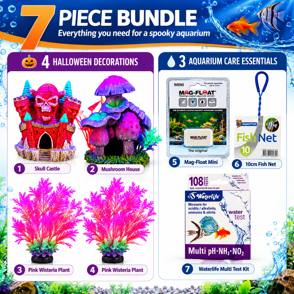 Halloween Aquarium Bundle 7 Piece Fish Tank Decorations Cleaning & Test Kit