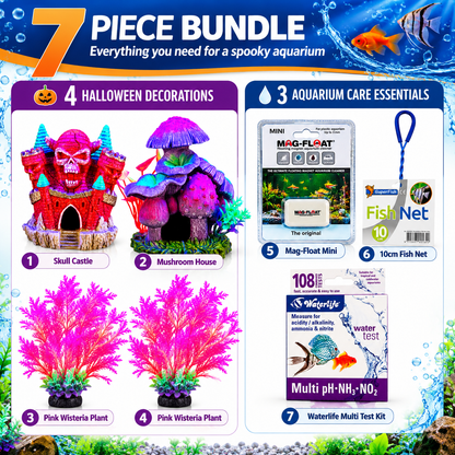 Halloween Aquarium Bundle 7 Piece Fish Tank Decorations Cleaning & Test Kit