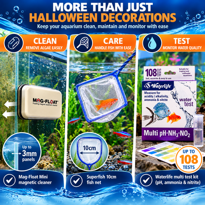 Halloween Aquarium Bundle 7 Piece Fish Tank Decorations Cleaning & Test Kit