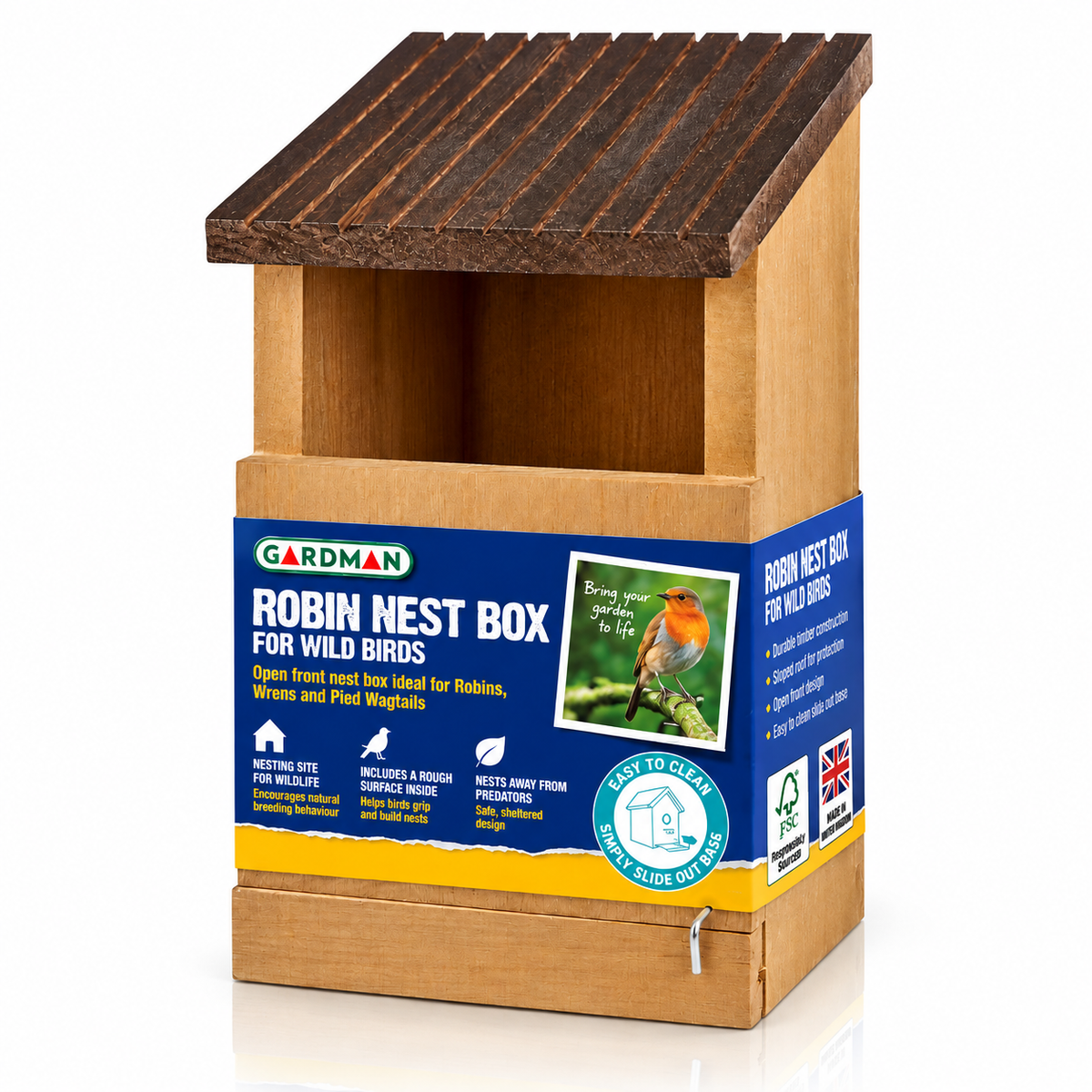 Gardman Robin Nest Box Wooden Open Front Wild Garden Bird House FSC Timber