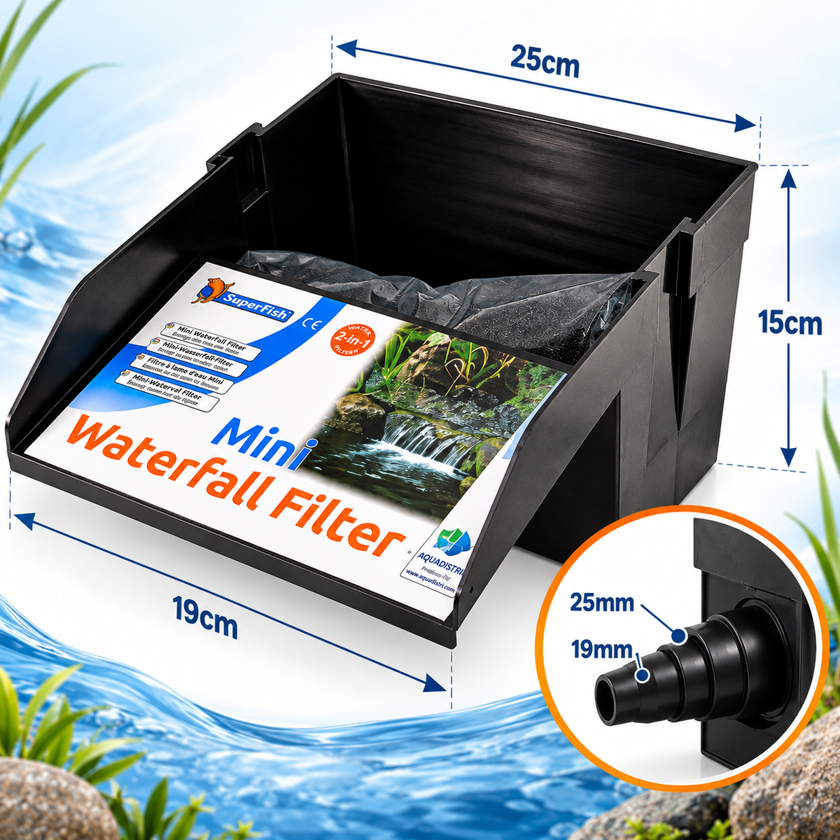 Superfish Pond Waterfall Filter with Media & Hose Tail
