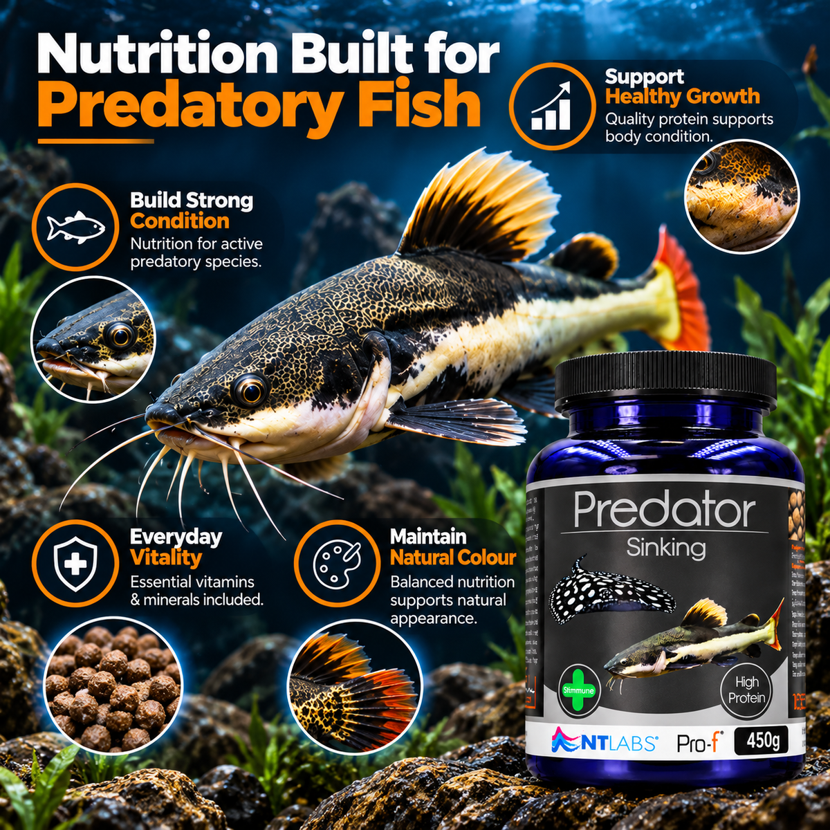 NT Labs Pro-F Predator Sinking Fish Food Catfish Cichlid Rays 165g 450g