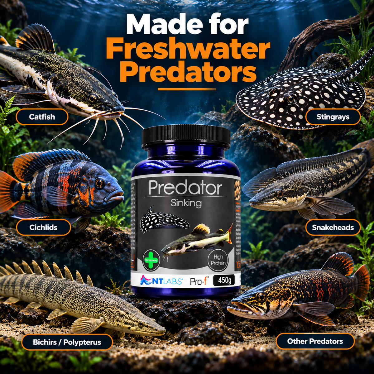 NT Labs Pro-F Predator Sinking Fish Food Catfish Cichlid Rays 165g 450g