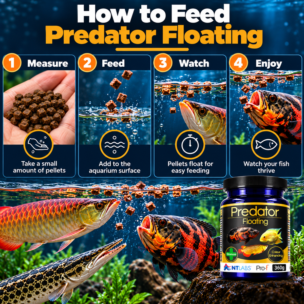 NT Labs Pro-F Predator Floating Fish Food Arowana Oscar Cichlid 125g 360g