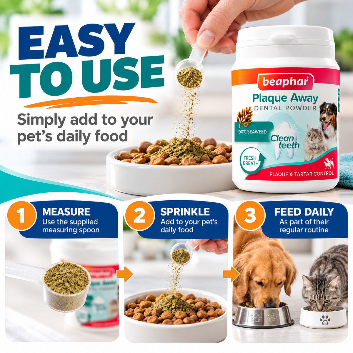 Beaphar Plaque Away Dental Powder 80g Dog Cat Teeth Tartar Fresh Breath