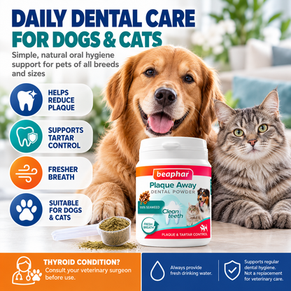 Beaphar Plaque Away Dental Powder 80g Dog Cat Teeth Tartar Fresh Breath