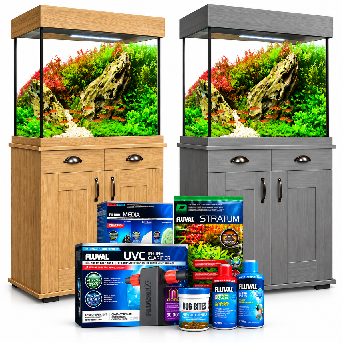 Fluval Shaker 168 Aquarium Fish Tank Cabinet 207 Filter LED Heater Bundle