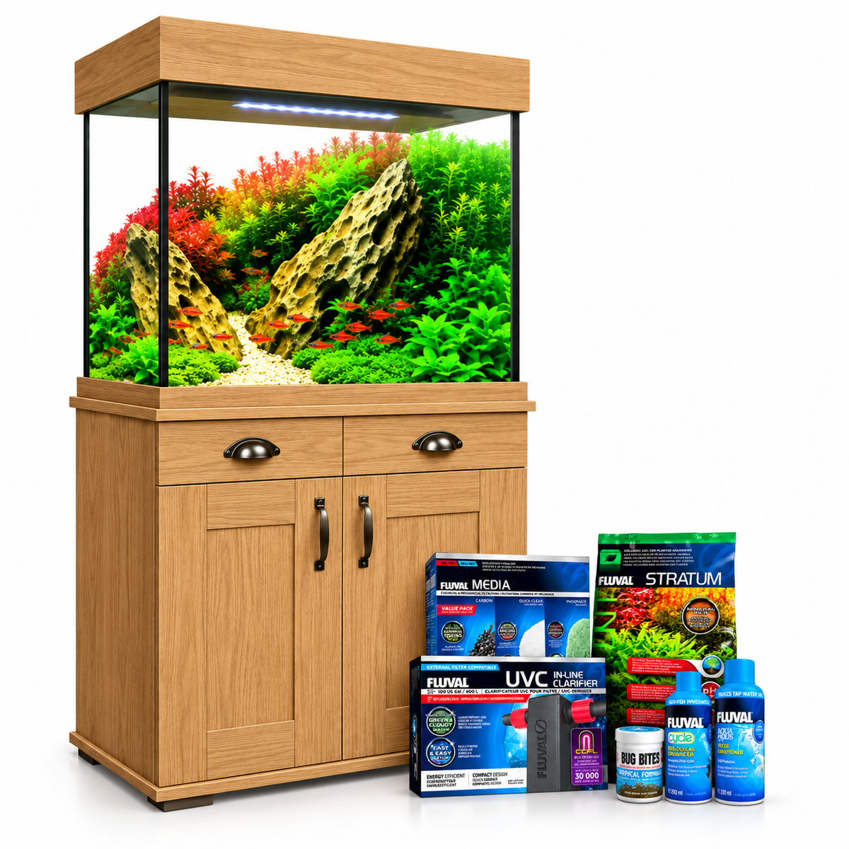 Fluval Shaker 168 Aquarium Fish Tank Cabinet 207 Filter LED Heater Bundle