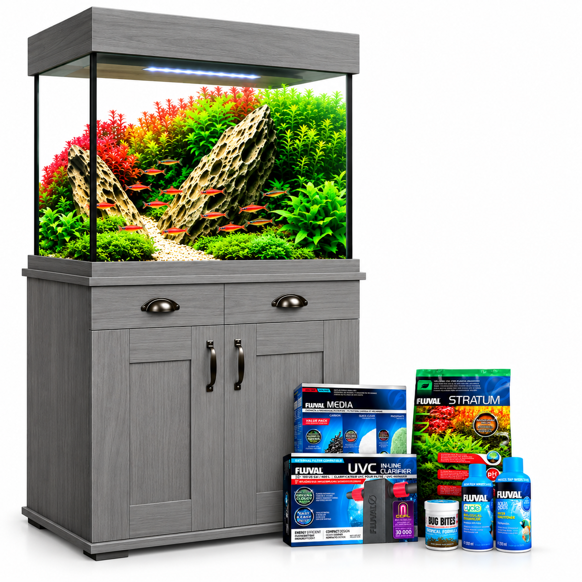 Fluval Shaker 168 Aquarium Fish Tank Cabinet 207 Filter LED Heater Bundle