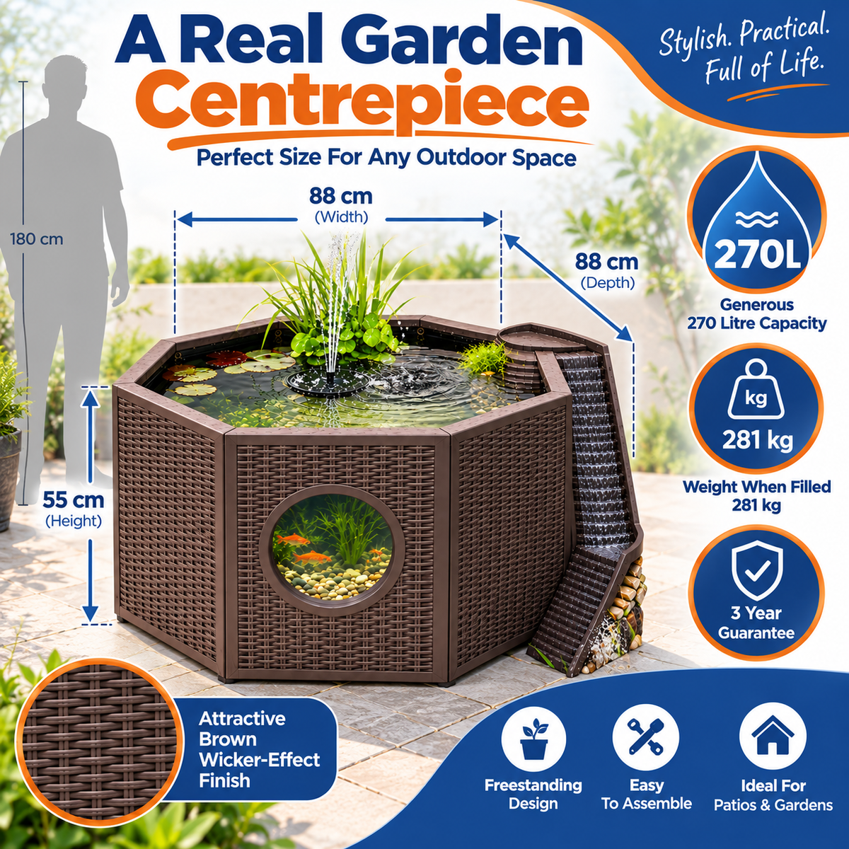 Blagdon Raised Fish & Nature Pond 235L/270L Solar Fountain Octagon/Half Moon