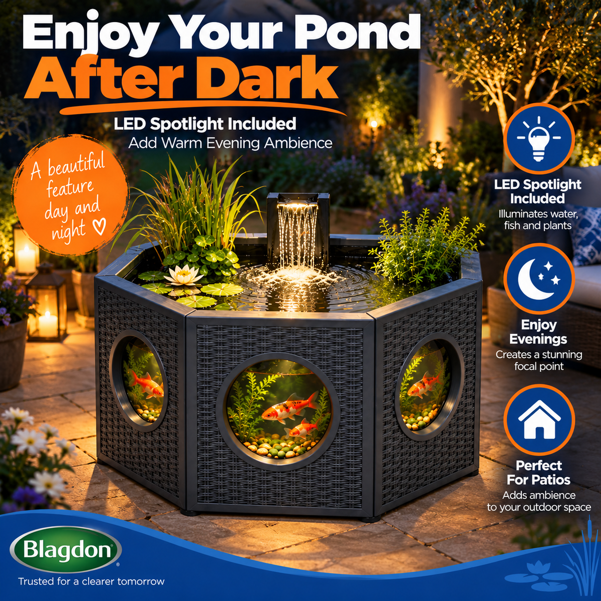 Blagdon Raised Fish & Nature Pond 235L/270L Solar Fountain Octagon/Half Moon