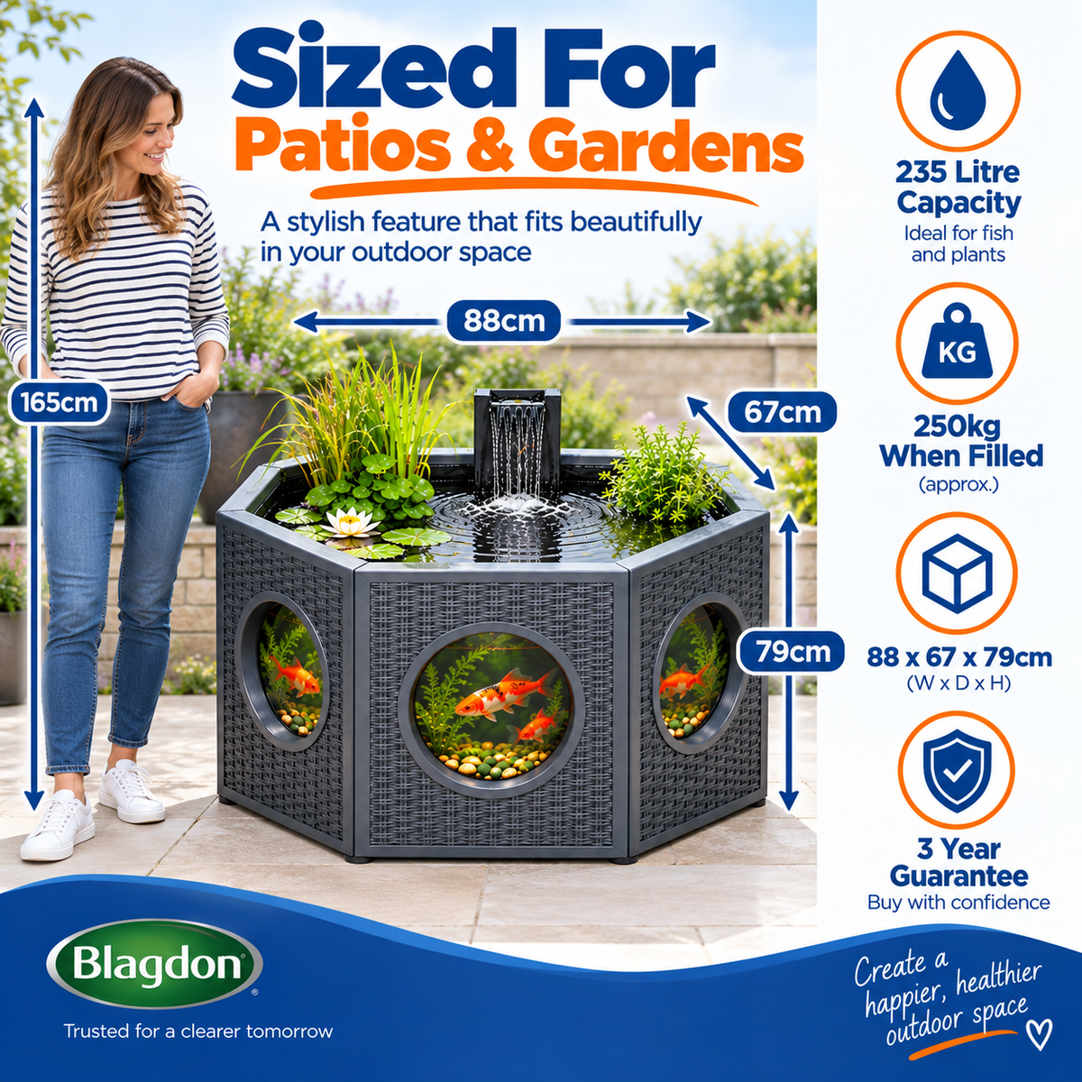 Blagdon Raised Fish & Nature Pond 235L/270L Solar Fountain Octagon/Half Moon