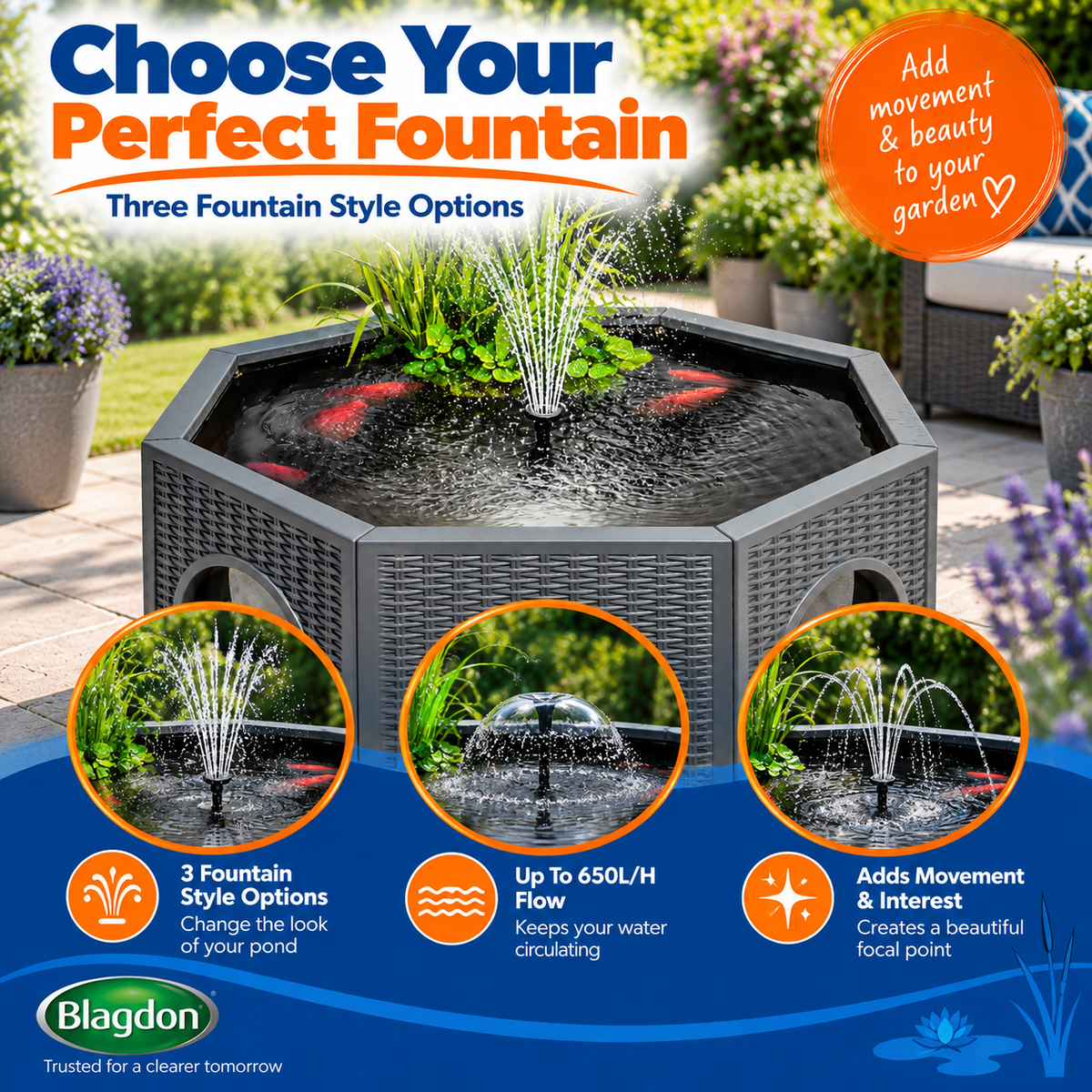 Blagdon Raised Fish & Nature Pond 235L/270L Solar Fountain Octagon/Half Moon