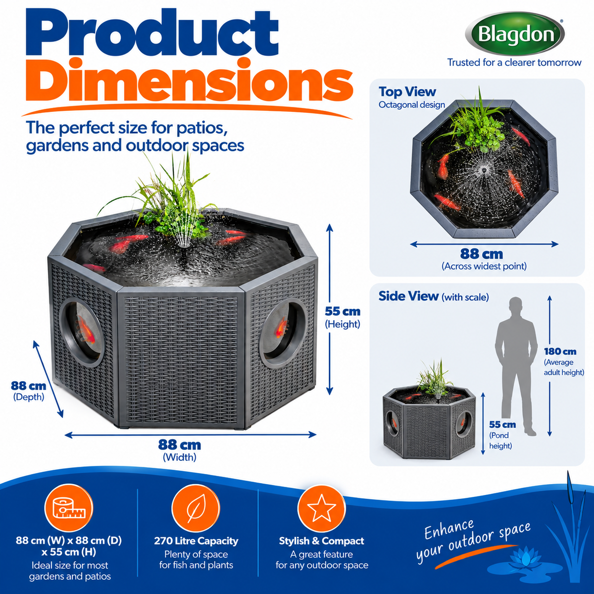 Blagdon Raised Fish & Nature Pond 235L/270L Solar Fountain Octagon/Half Moon