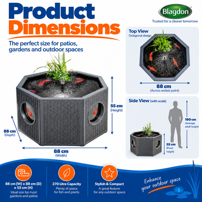 Blagdon Raised Fish & Nature Pond 235L/270L Solar Fountain Octagon/Half Moon