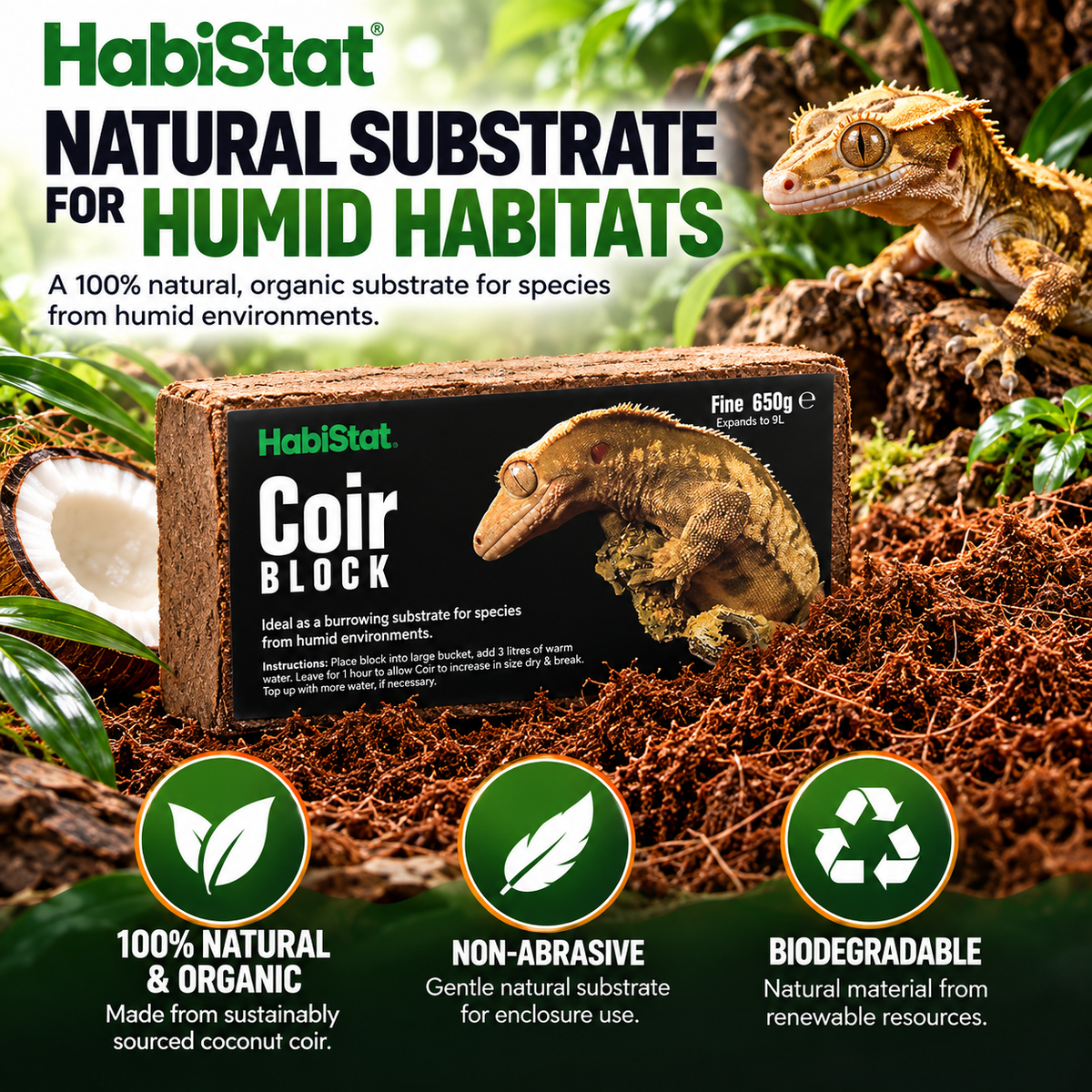 HabiStat Coir Block Fine 650g Compressed Natural Reptile Substrate Bedding