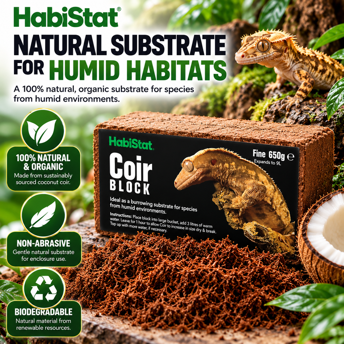 HabiStat Coir Block Fine 650g Compressed Natural Reptile Substrate Bedding