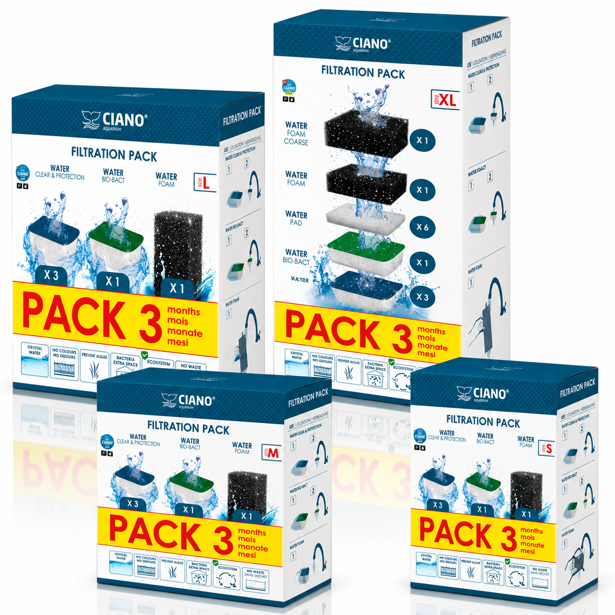 Ciano 3 Month Aquarium Filtration Pack S M L XL Filter Media Bio Bact Foam