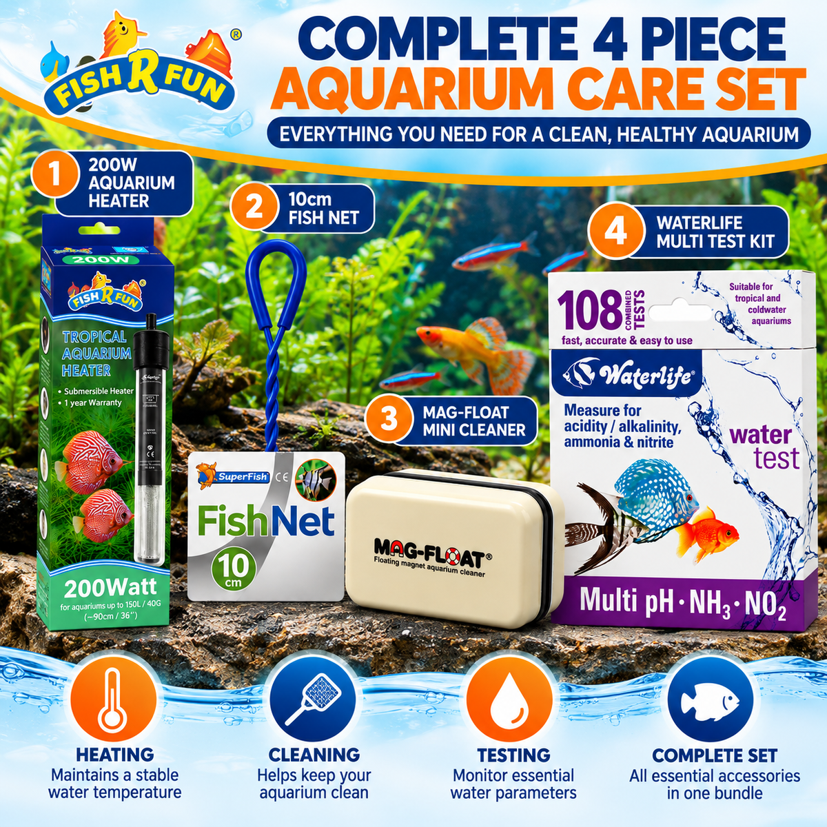 Fish R Fun 200W Aquarium Heater Bundle – 4 Piece Aquarium Care Set