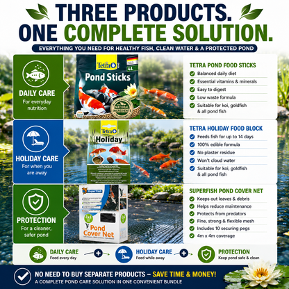 Complete Pond Fish Feeding & Protection Bundle – Tetra Food, Holiday Block & Cover Net