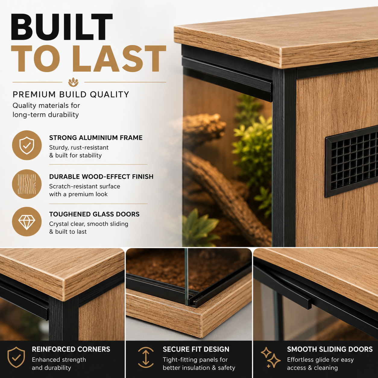 ProRep Vivarium 4×2×2ft Spacious Reptile Enclosure with Sliding Doors & Side Vents | Oak, Grey or Black