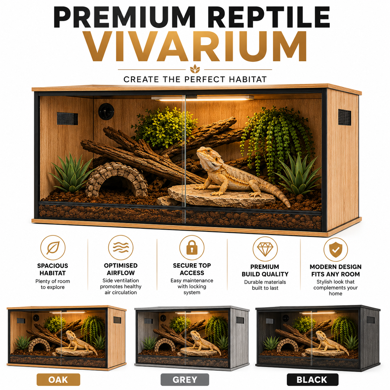 ProRep Vivarium 4×2×2ft Spacious Reptile Enclosure with Sliding Doors & Side Vents | Oak, Grey or Black