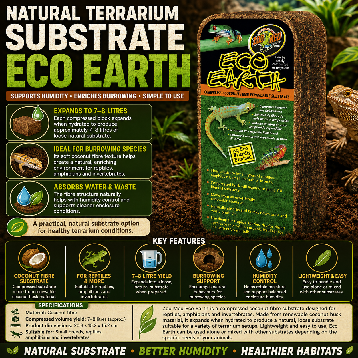 ZooMed Eco Earth Substrate Block E-10 for Small Animals, Snakes and Tarantulas