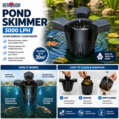 Bermuda Floating Pond Skimmer 3000 with Integrated Pump