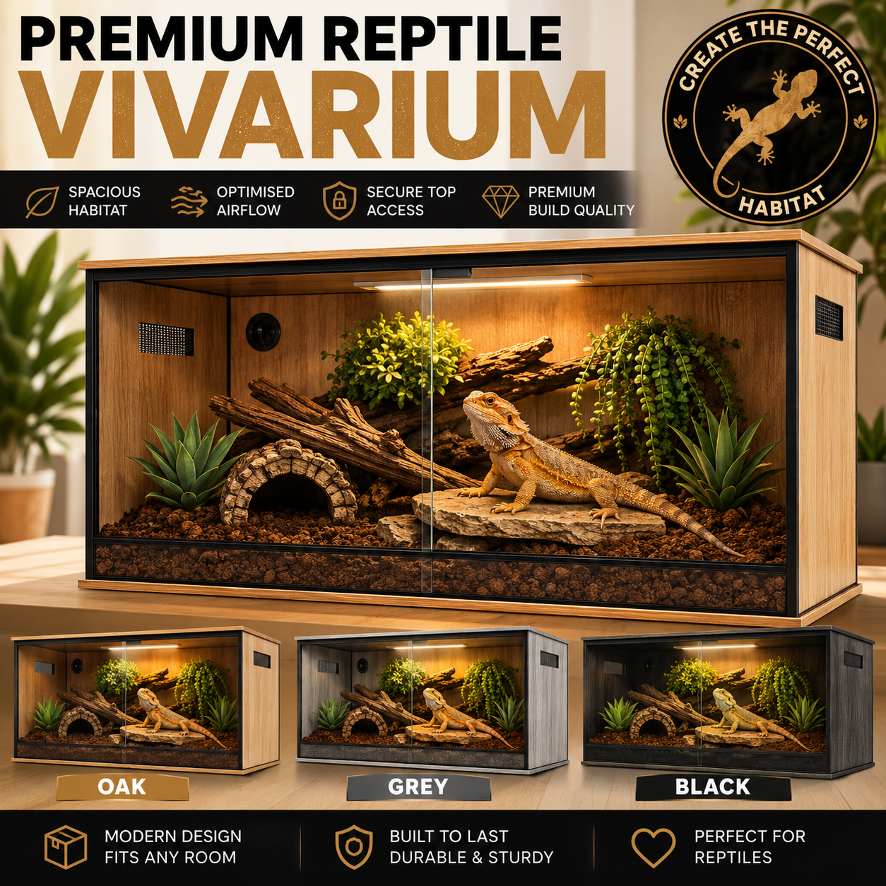 ProRep Vivarium 4×2×2ft Spacious Reptile Enclosure with Sliding Doors & Side Vents | Oak, Grey or Black