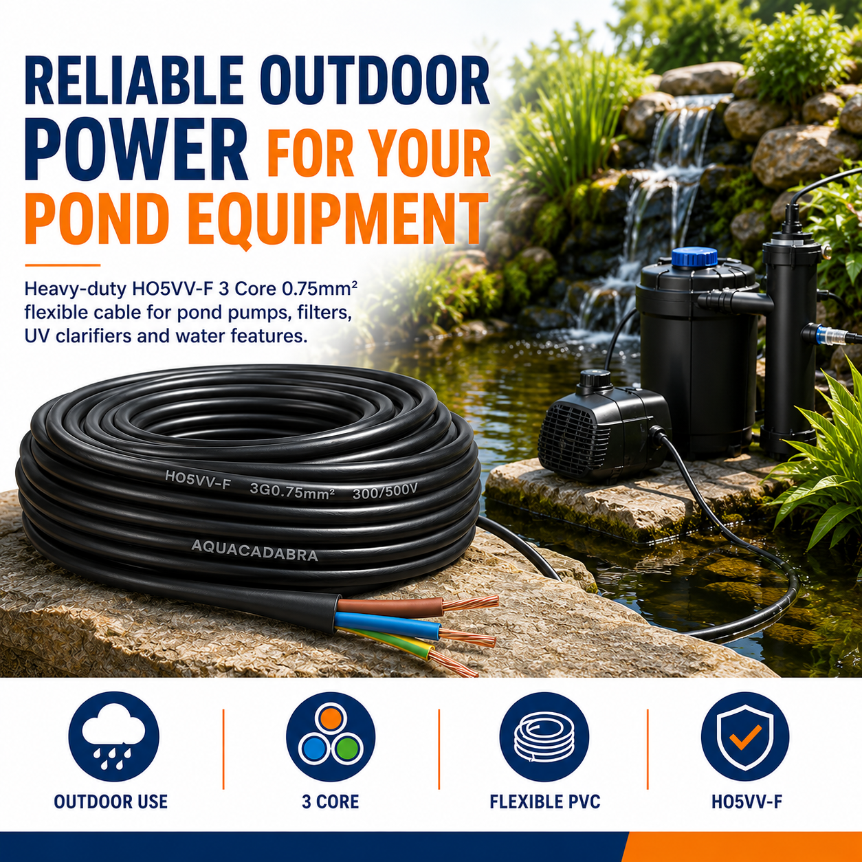 Aquacadabra Heavy Duty Black 3-Core PVC HO5VV-F Garden Cable