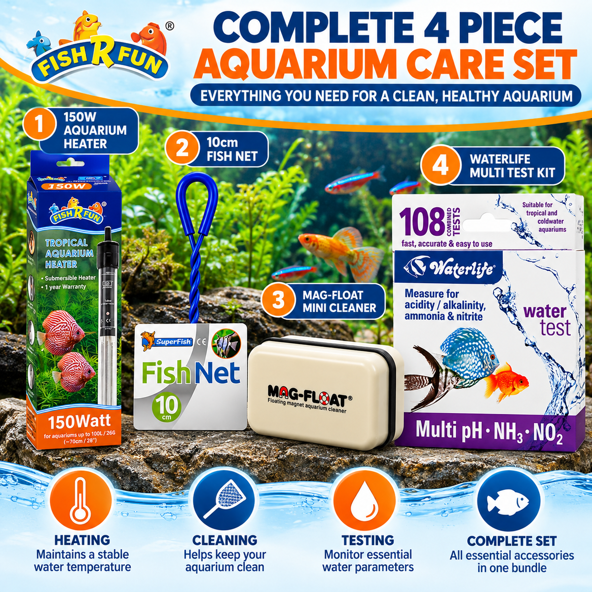Fish R Fun 150W Aquarium Heater Bundle – 4 Piece Aquarium Care Set