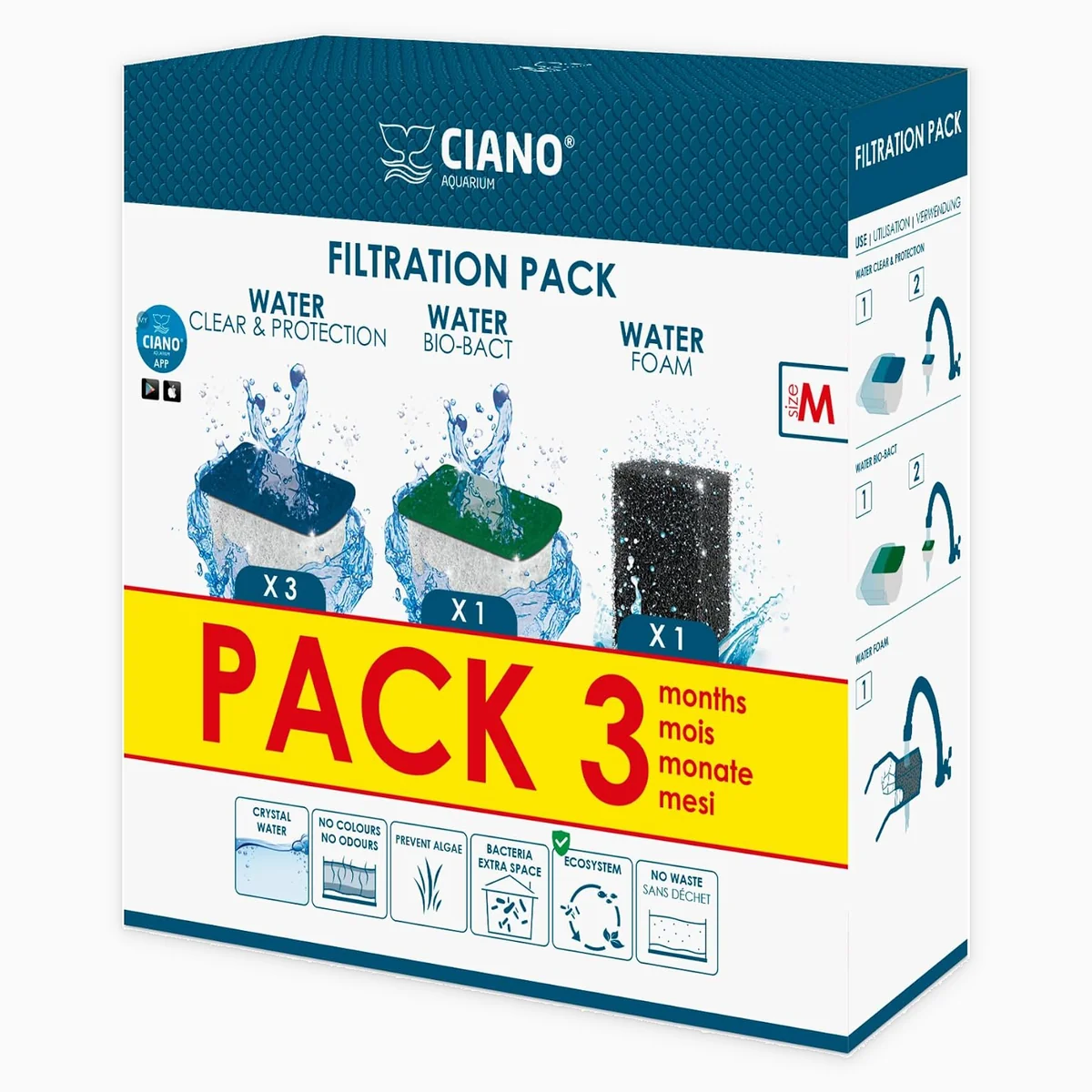 Ciano 3 Month Aquarium Filtration Pack S M L XL Filter Media Bio Bact Foam
