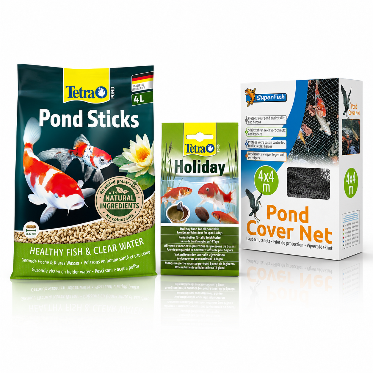 Complete Pond Fish Feeding & Protection Bundle – Tetra Food, Holiday Block & Cover Net