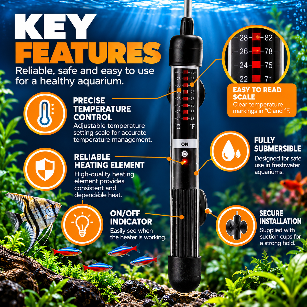 Fish R Fun Submersible Aquarium Heater 25W-300W