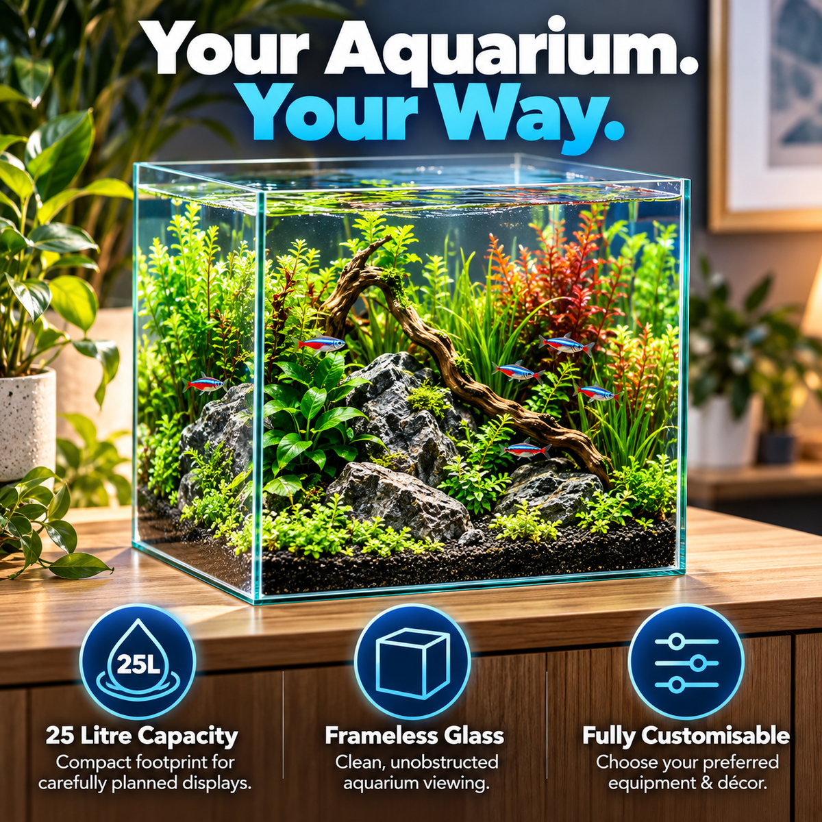 Aqua One Cube 30 Square Glass Aquarium Tank 25L Frameless with Glass Lid