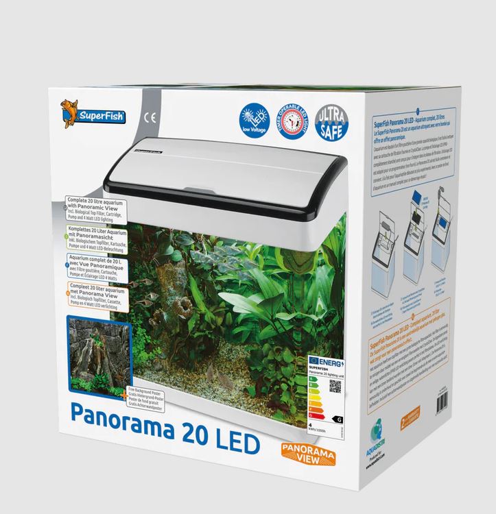 Superfish LED Panorama 20 White Aquarium 17L 320L/H Top Filter Fish Tank